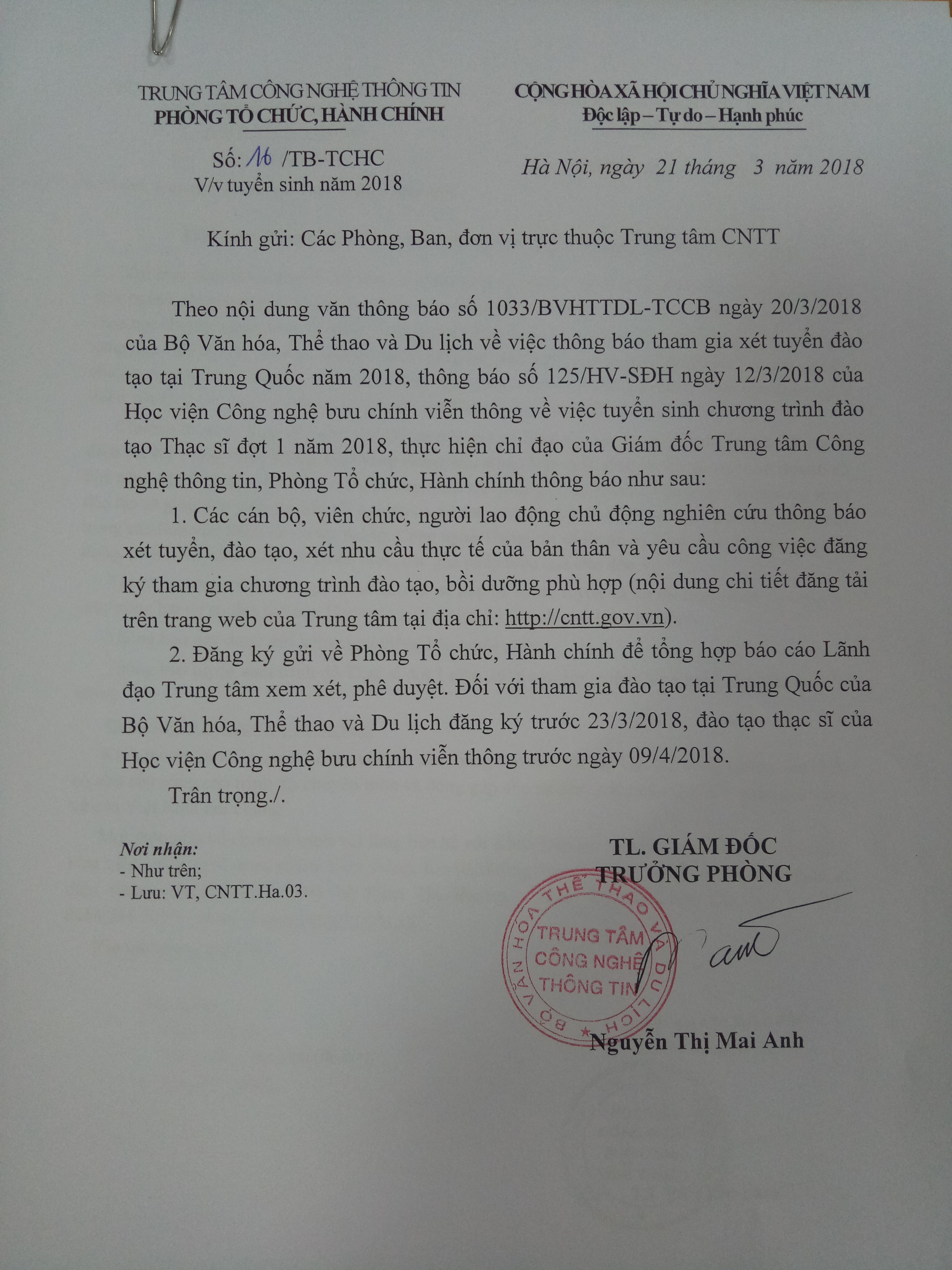 Thông báo tuyển sinh các chương trình năm 2018 của phòng Tổ chức Hành chính